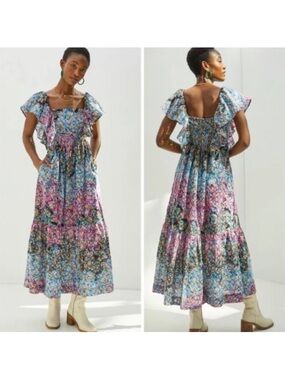 Anthropologie Clementina Eyelet ruffled Embroidered Maxi Dress